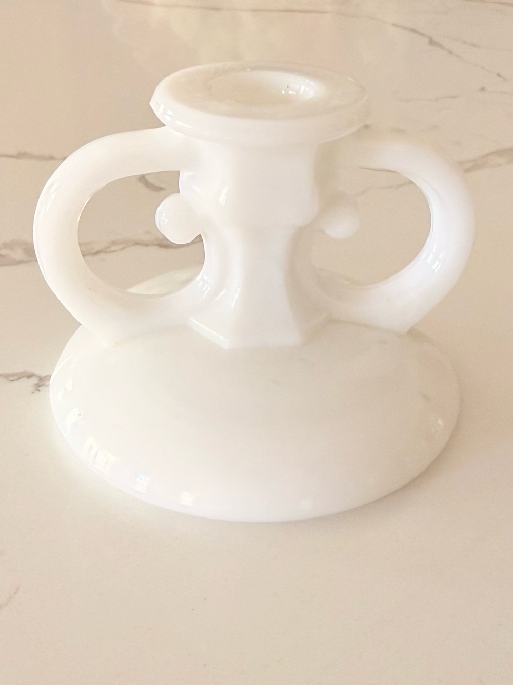Vintage Milk Glass Candlestick Holder with Loop Handles Scalloped Base